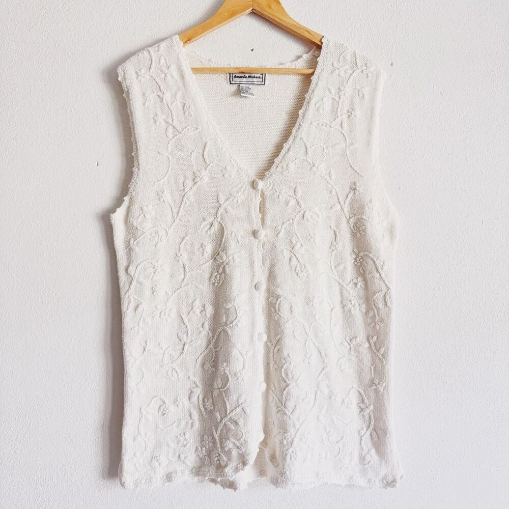 80s vintage cream white embroidered floral knit vest